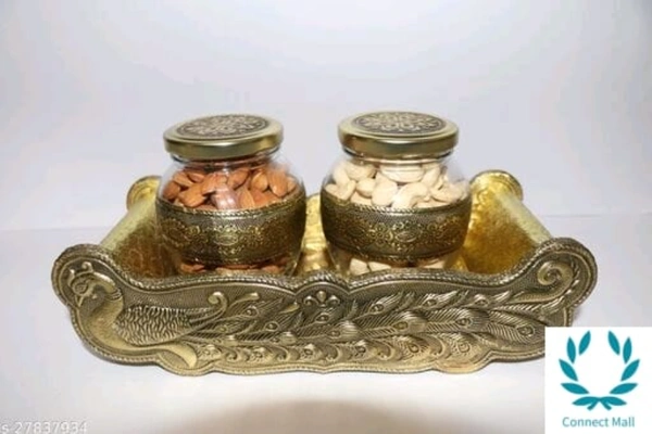 VNS Tray and  Jar Peacock Tray wooden 2. Glass Jar,Gold)  - 